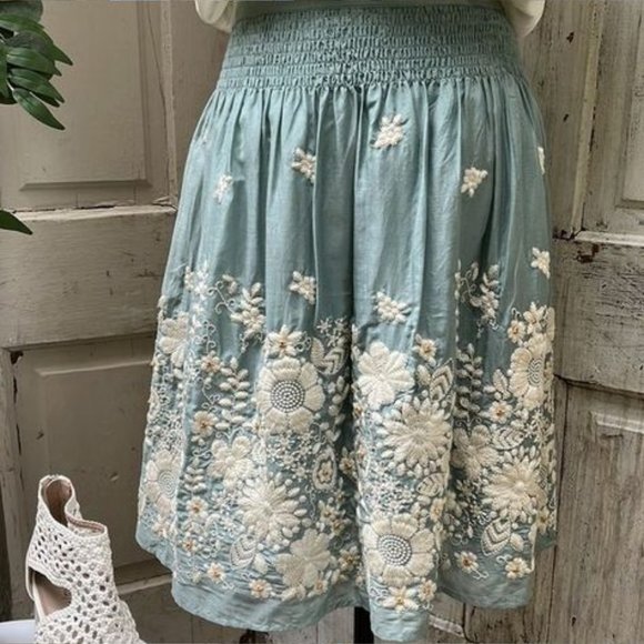Anthro Blue Tassel Aqua Embroidered Silk Skirt, Sz 4 - Picture 2 of 6